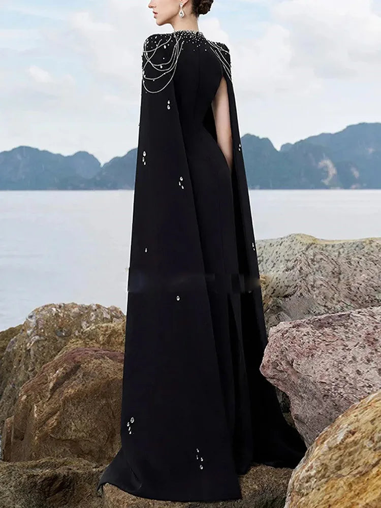 HIGH STREET Newest 2025 Designer Vestido Women's Diamonds Beaded Chains Cape Sleeve Floor Length Maxi Long Dress