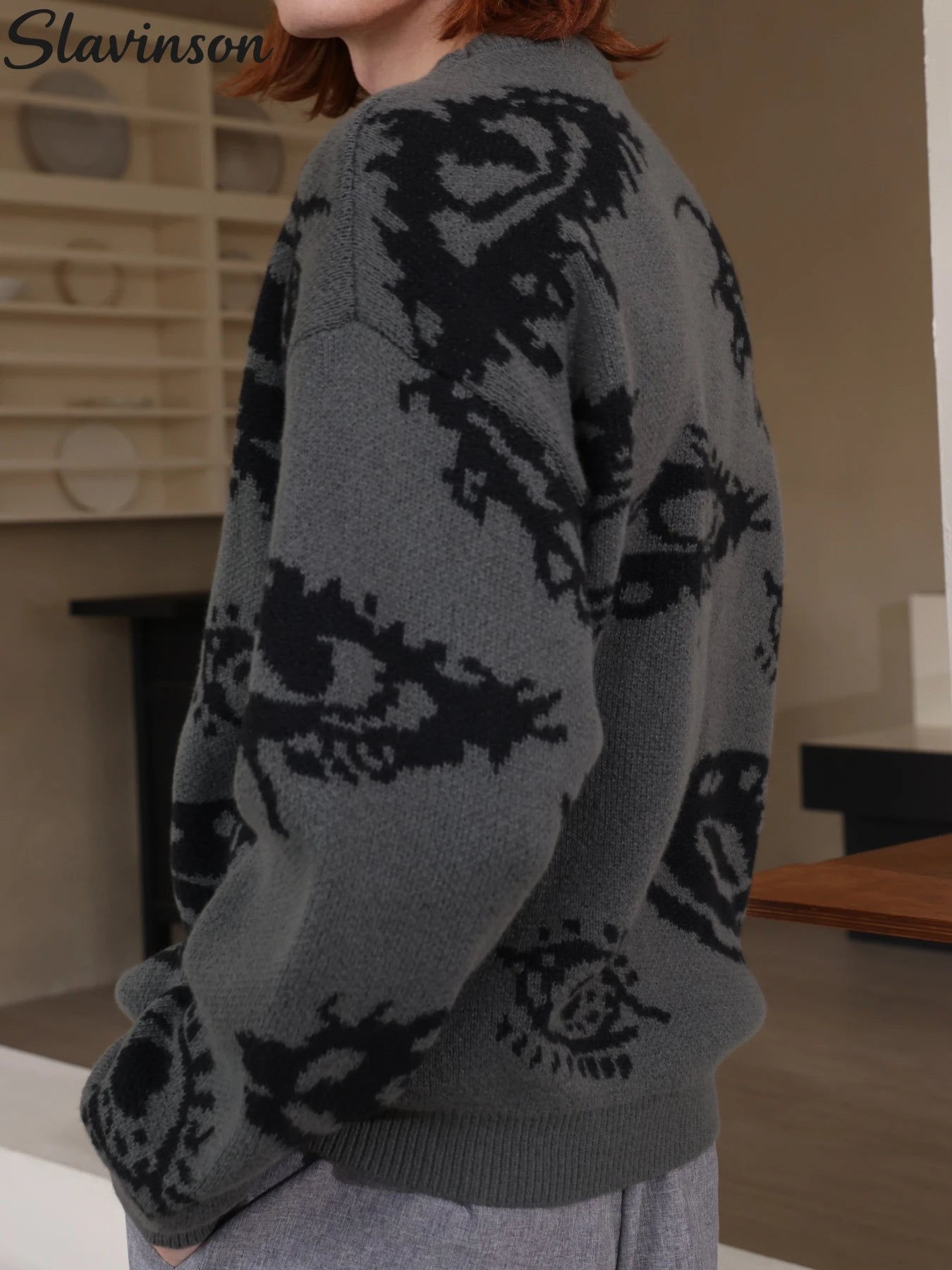 Men's Autumn Outfit: Dark Grey Sweater with Sophisticated Pattern Design, Breathable and Warm Knitted Fabric Men's Clothing