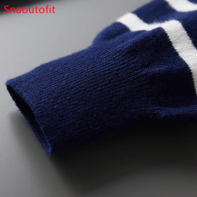 Men's New 100% Pure Wool Sweater O-neck Navy Style Striped Top Spring and Autumn Loose Youth Business Casual Cashmere Sweater