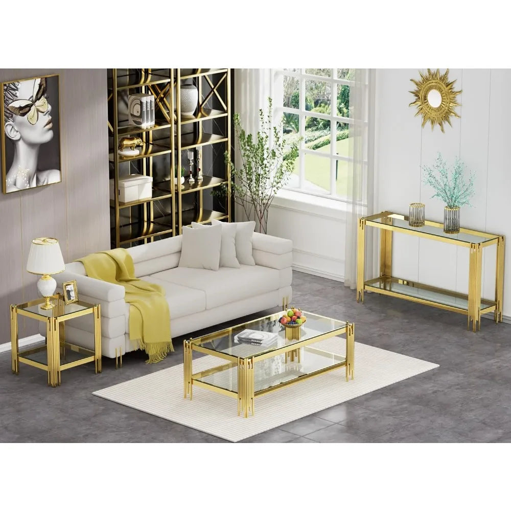 Modern Glass Coffee Table 47" Gold Center Table with Tempered Glass Top and Mirror Finish Stainless Steel Legs, Luxury Rectangu