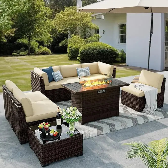 8 Pieces Outdoor Patio Furniture Set with 44" Fire Pit Table Rattan Sectional Conversation Sets w/Gas Fire Pit