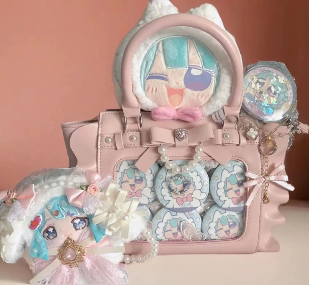 Harajuku Square Pink Ita Bag Women New Japanese Pearl Handle Messenger Bag Wallet Female Sweet Cute Crossbody Bags Aesthetic