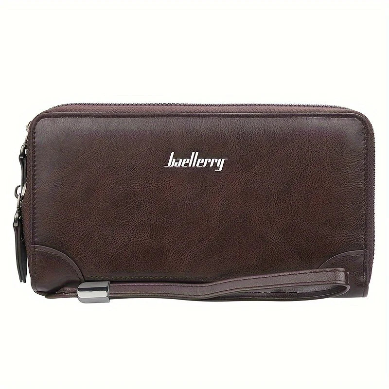 Men's Business Long Wallet, PU Leather Large Capacity Clutch Bag, Mobile Phone Bag With Wristlet, Double Zipper Handbag