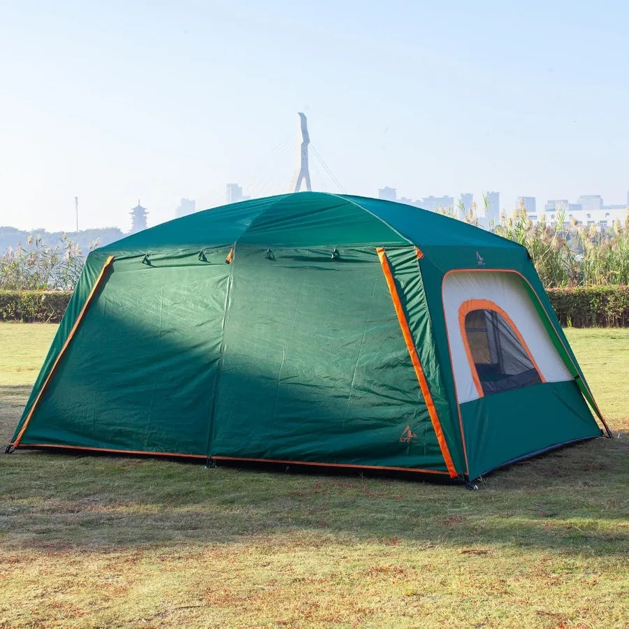 KTT Large Family Cabin Tent for 1012 People 14.1X10X6.58ft 2 Rooms with 3 Storage Pockets 2 Bay Windows 3 Doors and 3 Windows F