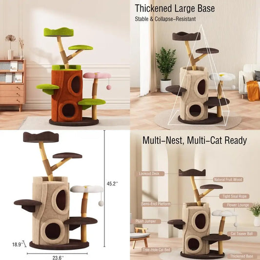 All-Season Multi-Level Solid Wood Cat Climbing Tree with Space Capsule Condo - Space-Saving Home Natural Trunk Design
