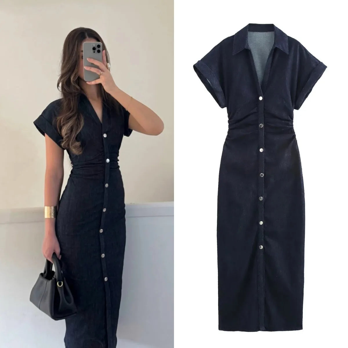 2025  Spring New 1975 series denim dress with lapel side zipper fashion wrinkle waist slim elegant dress