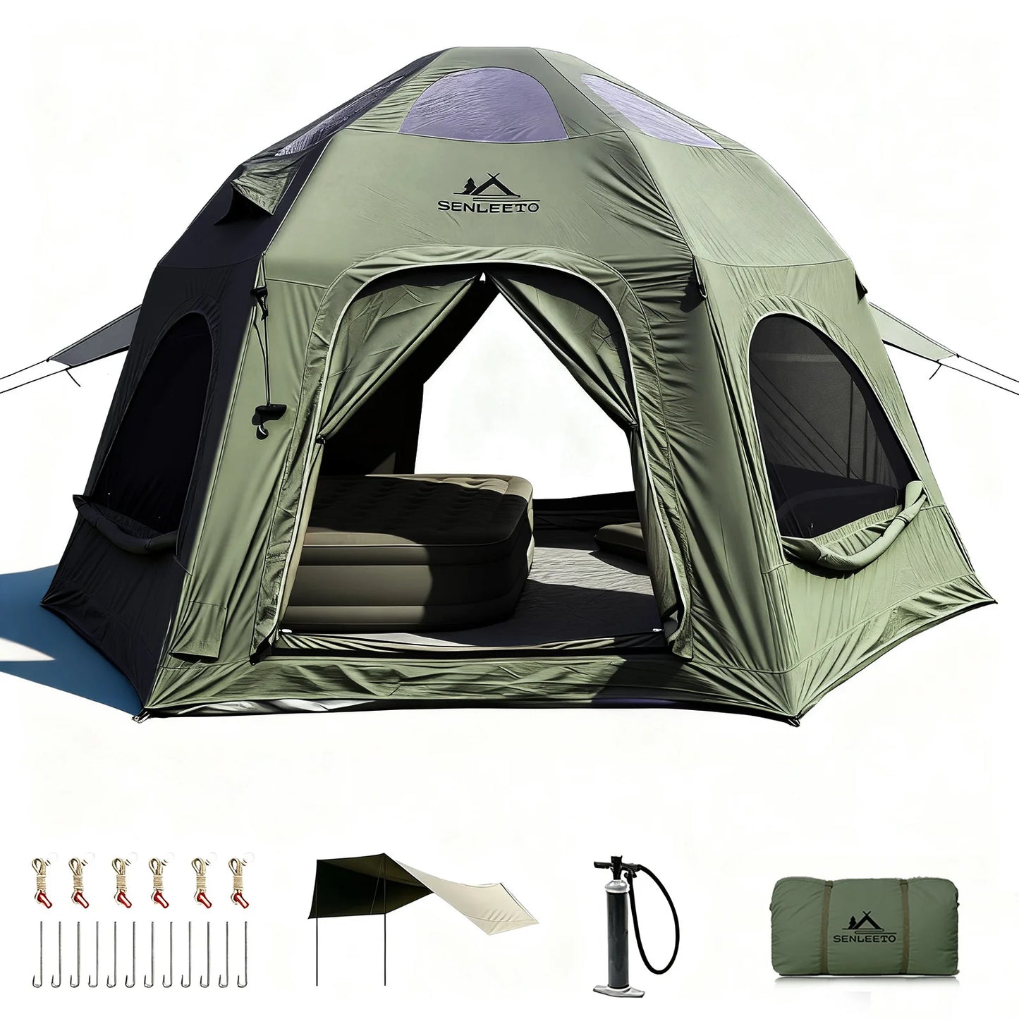 142 SqFt² Dome Inflatable Camping Tents for Family,4 Season Cotton Glamping Blow Up Tent with Canopy,Chimney Opening,AC Vent