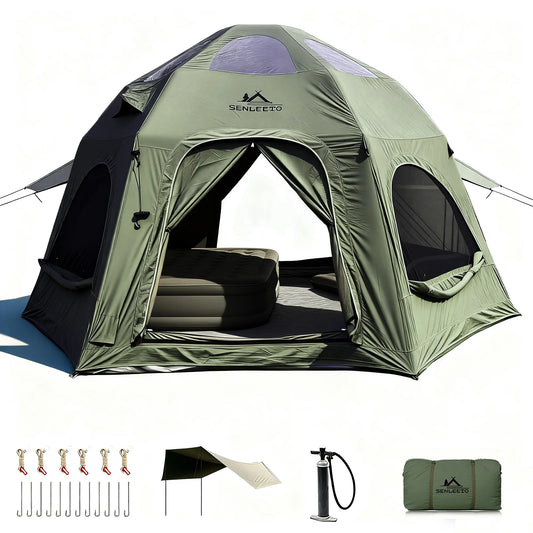142 SqFt² Dome Inflatable Camping Tents for Family,4 Season Cotton Glamping Blow Up Tent with Canopy,Chimney Opening,AC Vent