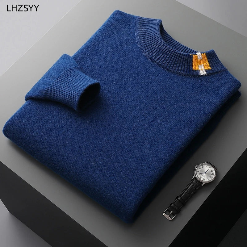 LHZSYY Men's Cashmere Sweater Autumn Winter New Semi-High Neck Pullover Warm Color Matching Knit Base Shirt Loose Thicken Jumper