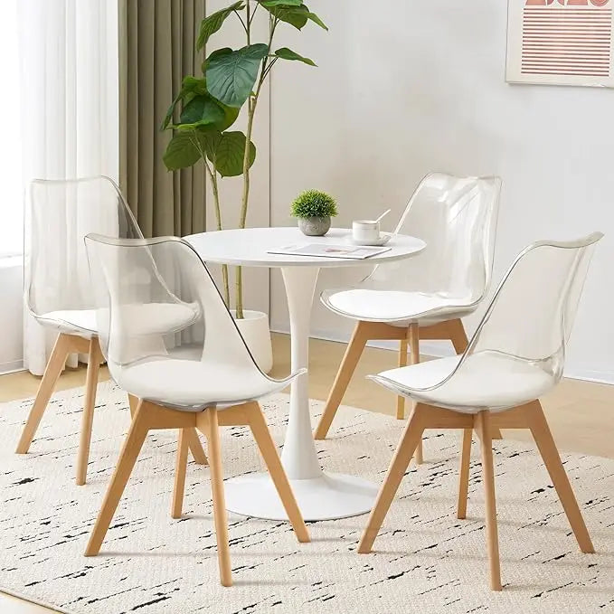 Clear Dining Chairs Set of 4, Modern Acrylic Accent Chair Kitchen Dinner Chairs with PU Leather Cushions Seat and Wood Legs, Sid