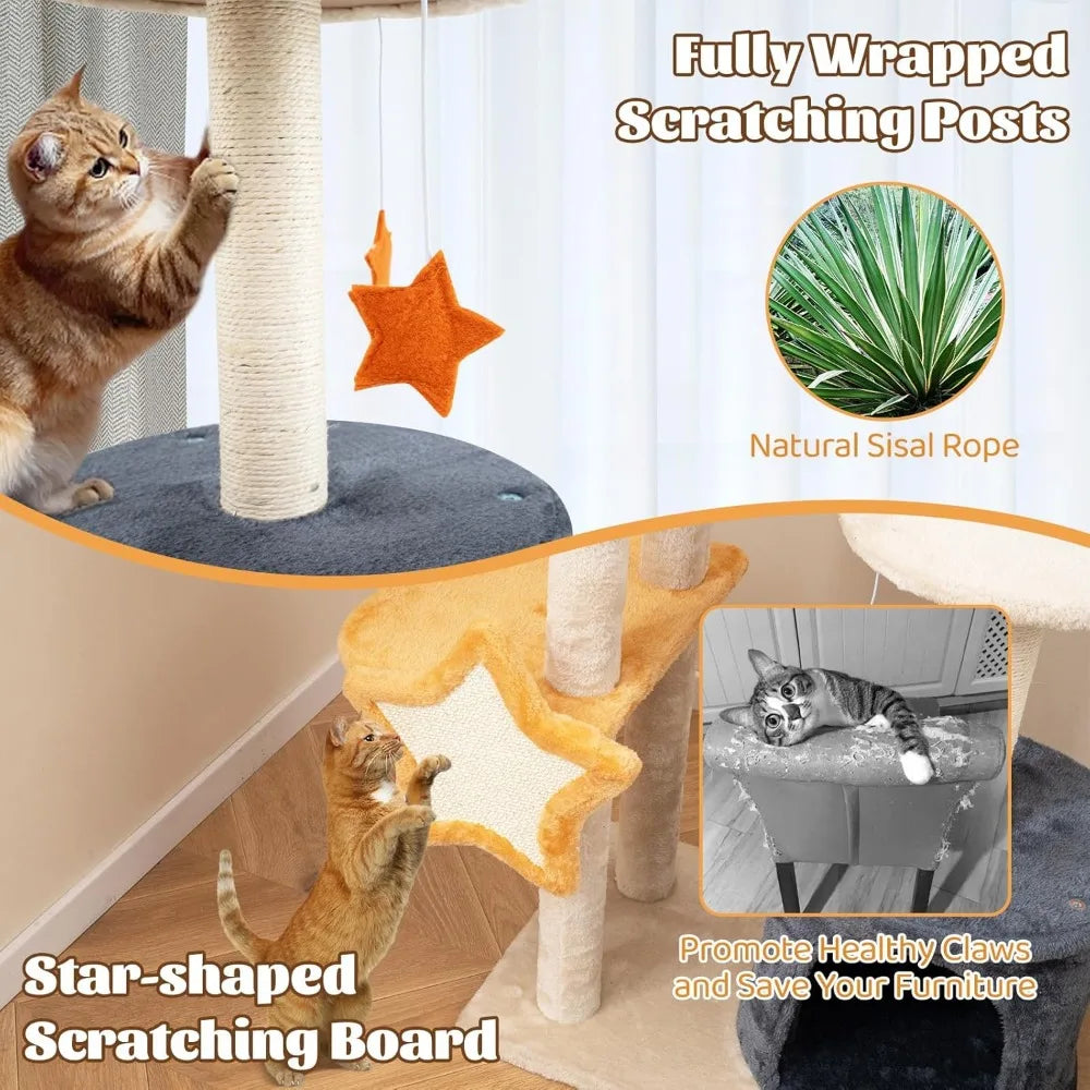 50-inch multi-level cat tower with condo, sisal scratching posts, board, plush top perch, and platform
