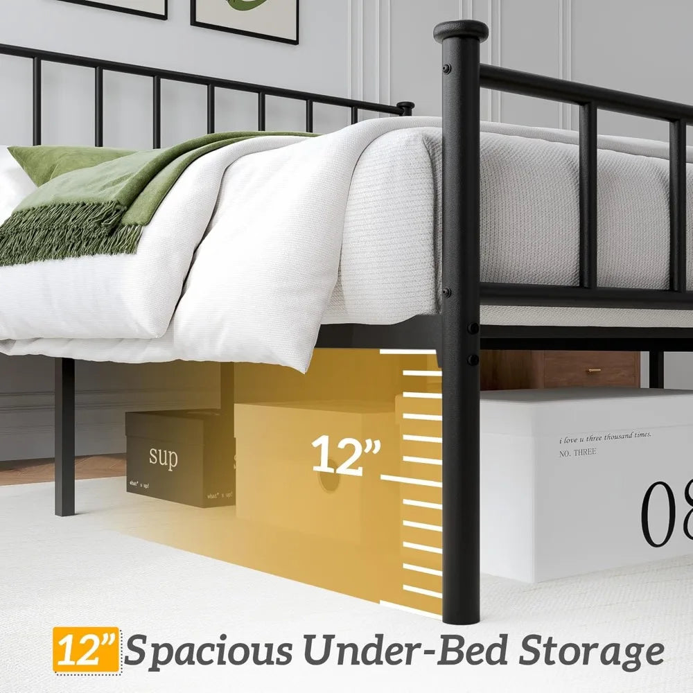 Metal Queen Bed Frame with Headboard, Footboard, Slat Support, Underbed Storage, No Box Spring Needed