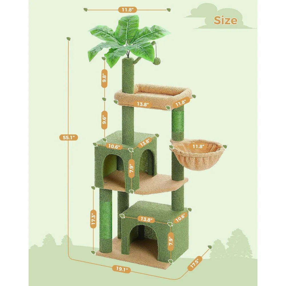 53-Inch Green Cat Tree with 2 Condos for Indoor Cats,Cat Tower with Scratching Posts for Small Cats,Cactus Cat Tree Tower with H