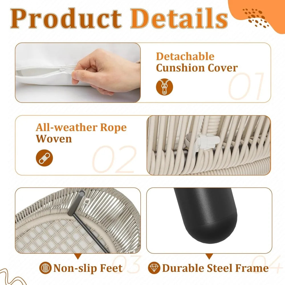 Patio Furniture Set 3 Pieces Rope Woven Bistro Set Outdoor Conversation Set with 2 Wide Chairs,Cushions and Tempered Glass Tabl