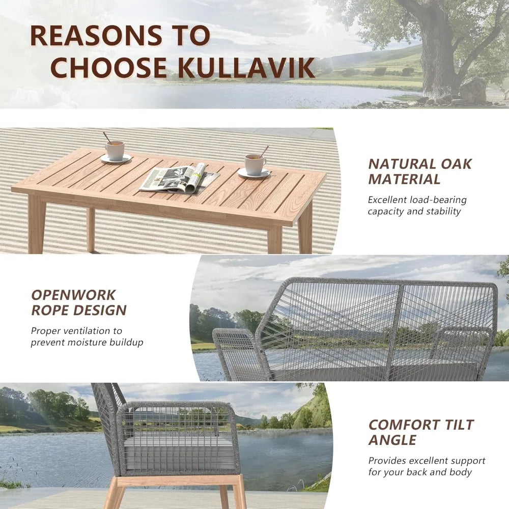 Outdoor Patio Furniture Set,2 Pieces Indoor Rope Woven Sectional Sofa Set Modern Oak Patio Conversation Sets with Wooden Table