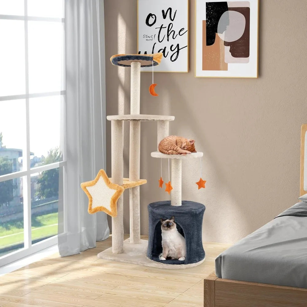 50-inch multi-level cat tower with condo, sisal scratching posts, board, plush top perch, and platform