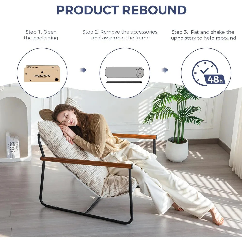 Modern Accent Chair, Comfy Living Room Chair with Metal Frame Wooden Armrest, Upholstered Armchair with Soft Cushion for Bedroo