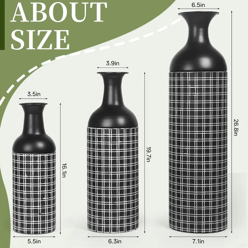 Tall Floor Vase Set of 3, Large Black Metal Vase with Minimalist White Lines & Detachable Vases Mouth, Big Modern Decorative Vas
