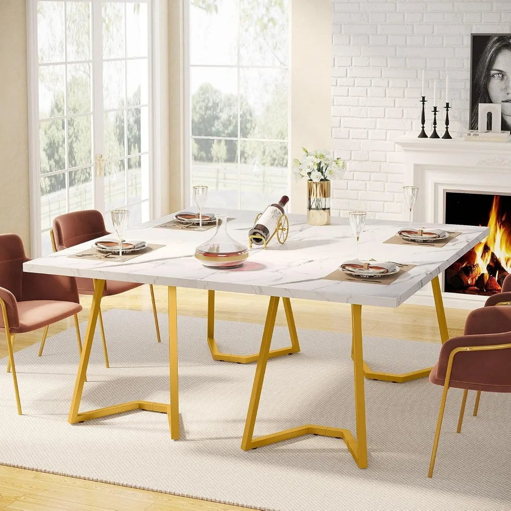 Gold Dining Dinner Table: 55 Inches Modern White Dining Room Table with Golden Legs, Faux Marble Small Kitchen Table