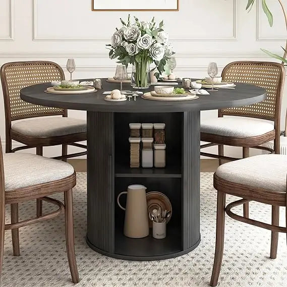 Round Dining Table for 4, Modern Farmhouse Kitchen Table, 47 Inch Small Circle Dining Tables with Wood Strip Base for Kitchen Li