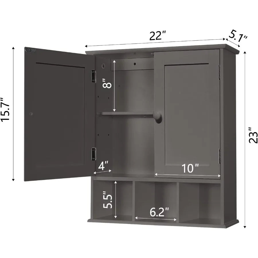 Wallmounted grey bathroom cabinet with two doors and adjustable shelves ideal for overthetoilet storage in bathrooms and laundr