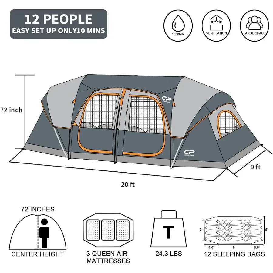 CAMPROS CP Tent 12Person Camping Tents with 3 Rooms Waterproof Windproof Design Top Rainfly for Enhanced Protection 6 Large Mes