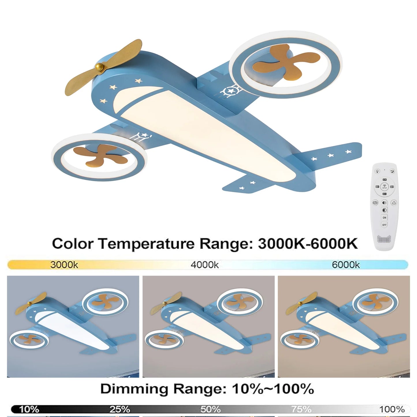Airplane Ceiling Light, LED, Remote Control, Adjustable Warm & Cool Light, Memory Function for Kids Room and Playroom