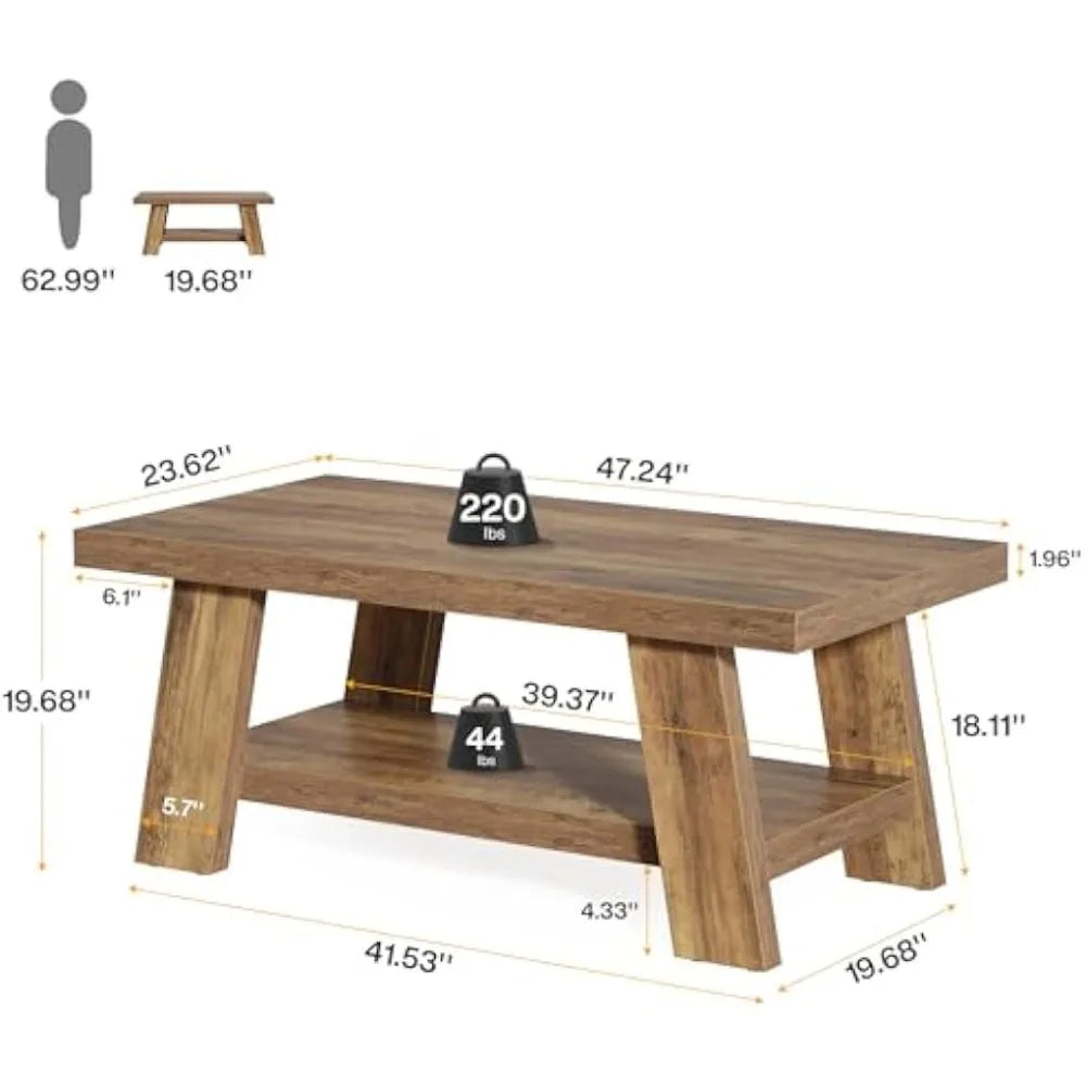 Rustic Rectangular Living Room Coffee Table, 47.24" Two-Level Wood Center Table