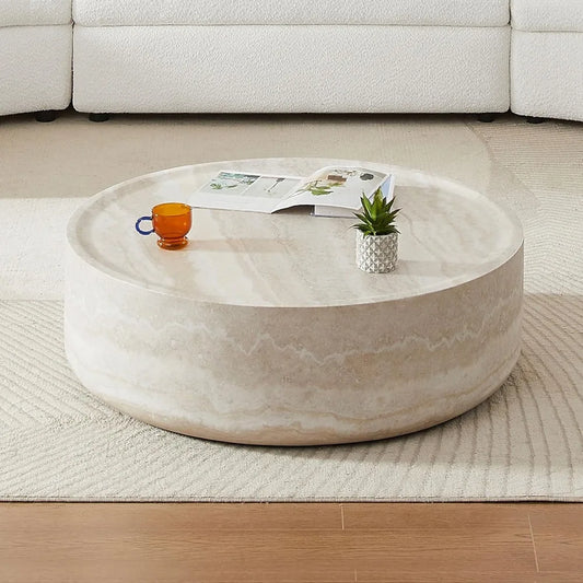 31.49" Round Coffee Table, Modern Marble Faux Pattern - Minimalist Accent Table for Living Room,Office