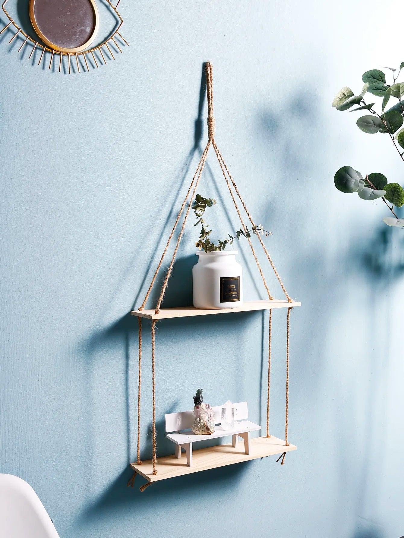 Macrame Hanging Shelf Wall Decor Handmade Rope Rustic Wood Floating Wall Shelf Display Stand Corner Wall Shelf For Photos Plant