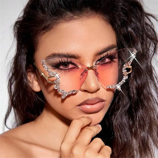 Y2K Luxury Diamond Butterfly Sunglasses for Women Vintage Rimless Sun Glasses Oversized Rhinestone Bling Shades Ladies Eyewear