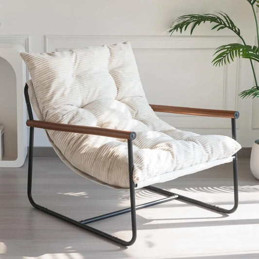Modern Accent Chair, Comfy Living Room Chair with Metal Frame Wooden Armrest, Upholstered Armchair with Soft Cushion for Bedroo