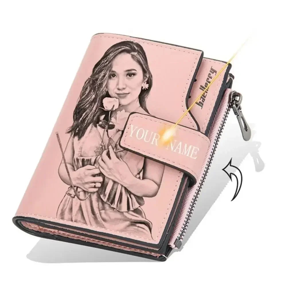 Women Short Custom Engraved Photo Name Wallet for Her Personalized Birthday Valentine's Gift Pink Leather Wallet Anniversary