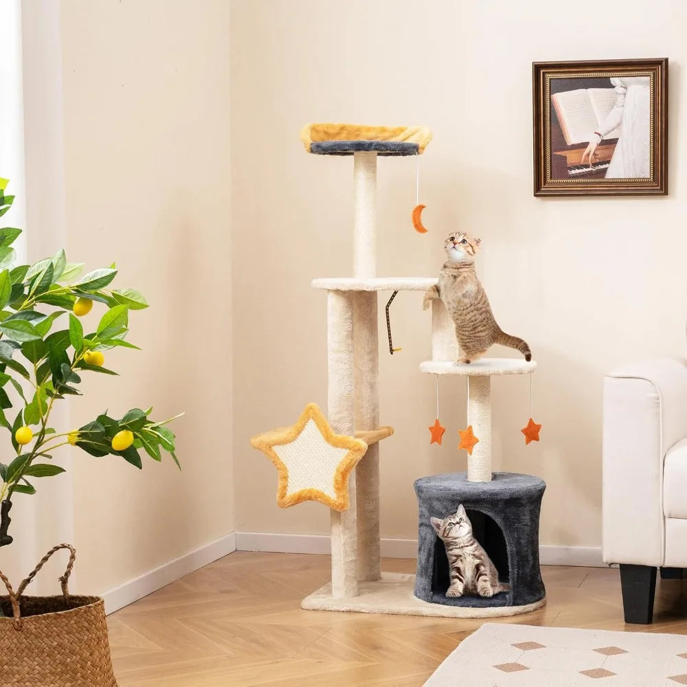 50-inch multi-level cat tower with condo, sisal scratching posts, board, plush top perch, and platform