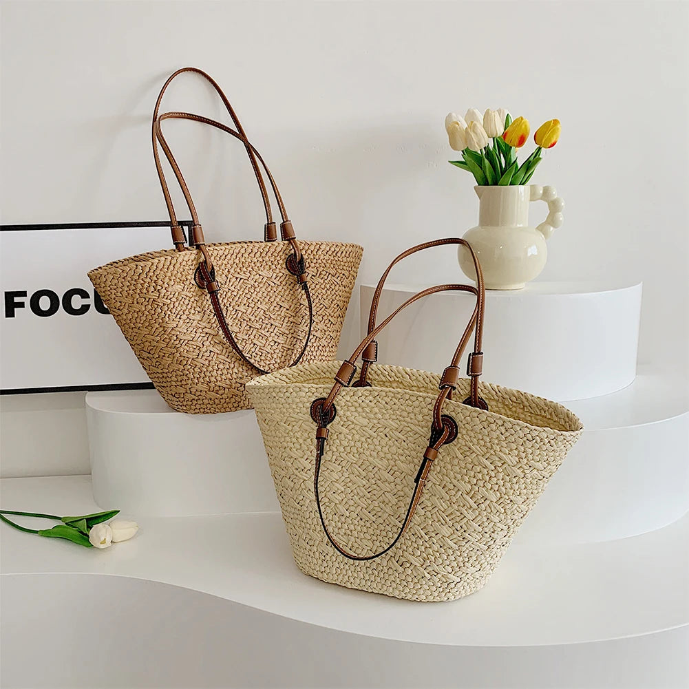 Women Woven Tote Bag Fashion Shoulder Bag Large Capacity Simple Woven Handbag Tote Clutch Bags Chic Hobo Bag for Party Vacation