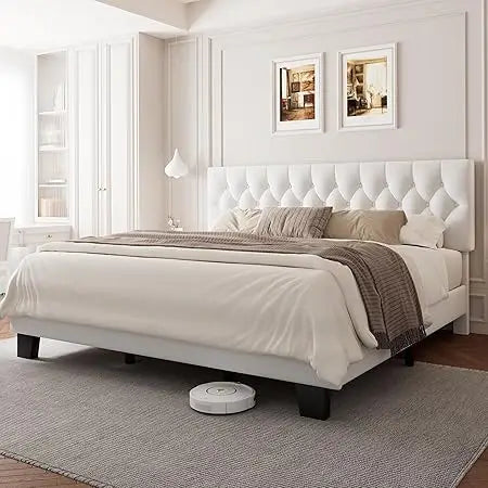 king upholstered bed frame with headboard, button tufted linen bed base, platform bed with wood slat, heavy duty, easy assembly,