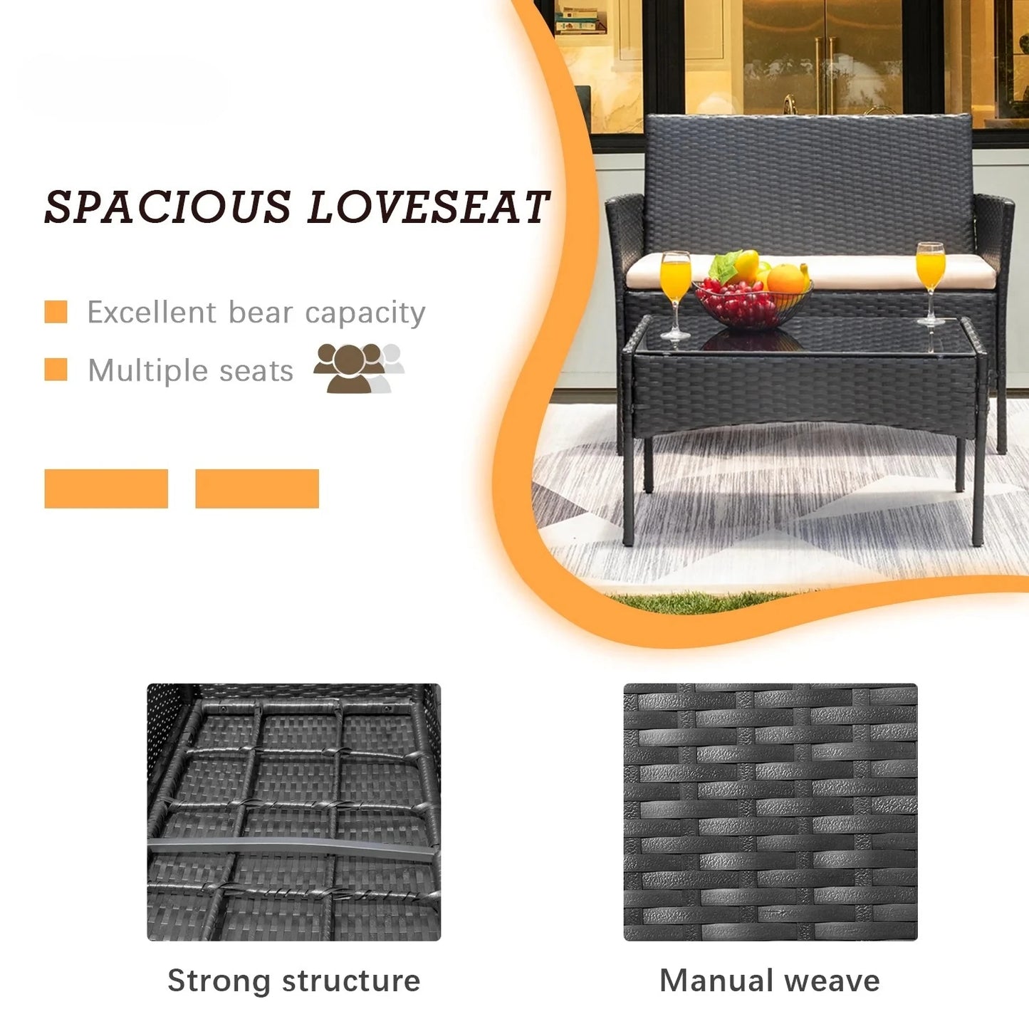 4 Pieces Patio Furniture Set Rattan Outside Furniture Wicker Sofa Garden Conversation Sets with Soft Cushion and Glass Table for
