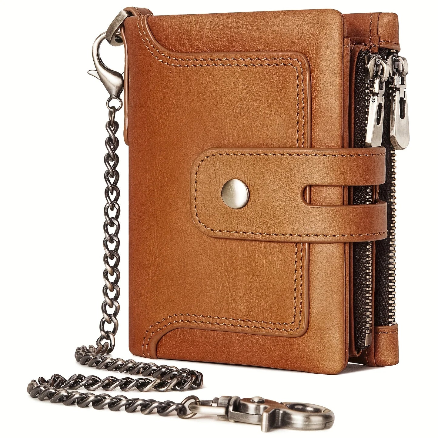 1pc Premium Top Layer Cowhide Leather Wallet - RFID Blocking, Bifold with Double Zipper Pockets & Anti-Theft Chain - Durable, St