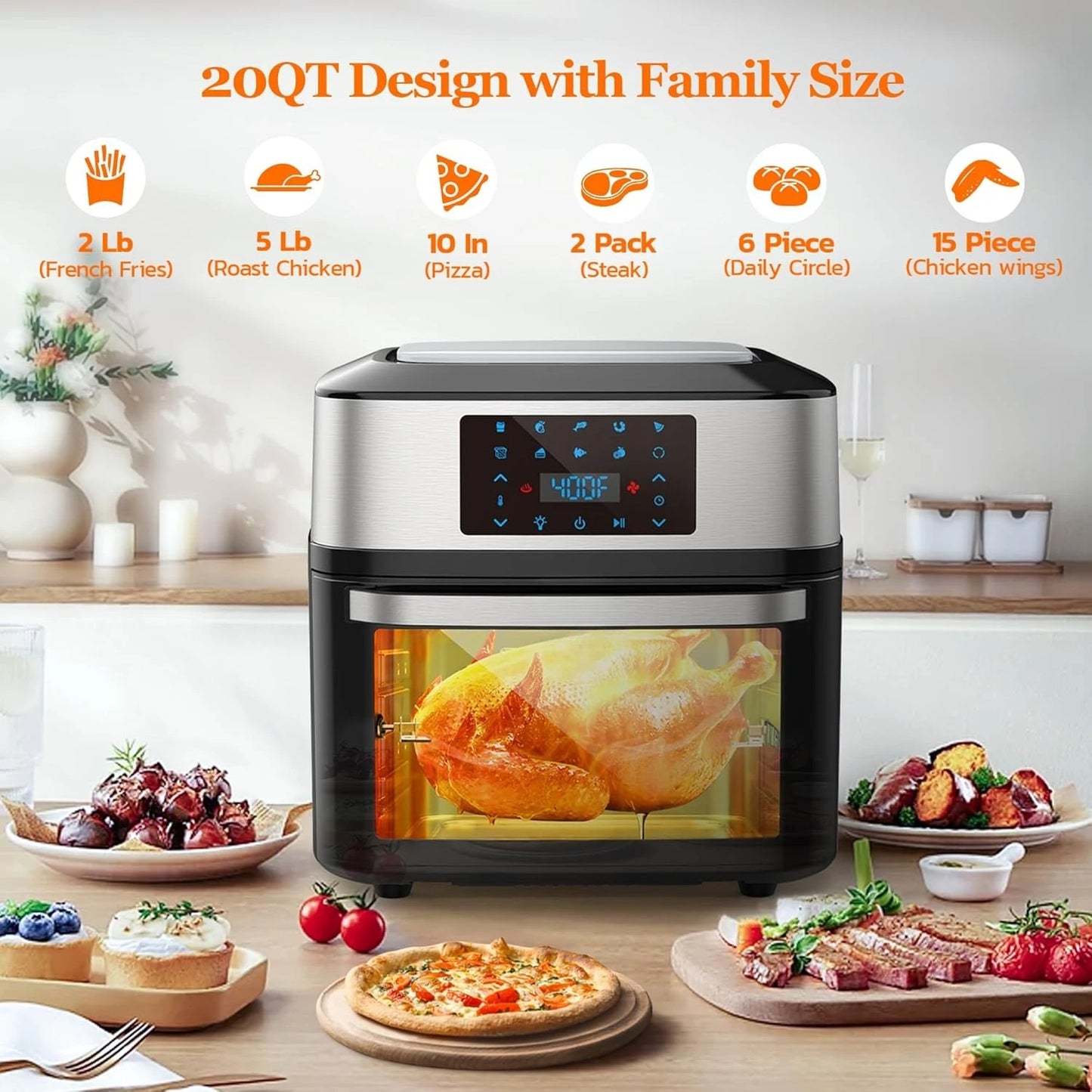 Air Fryer Oven Large 20 QT, 10-in-1 Toaster Oven Air Fryer Combo with Window for Family, Airfryer Oven with Rotisserie