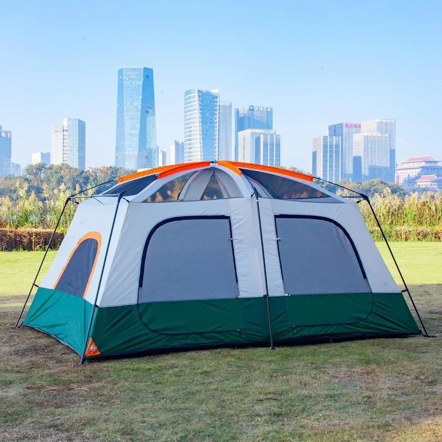 KTT Large Family Cabin Tent for 1012 People 14.1X10X6.58ft 2 Rooms with 3 Storage Pockets 2 Bay Windows 3 Doors and 3 Windows F