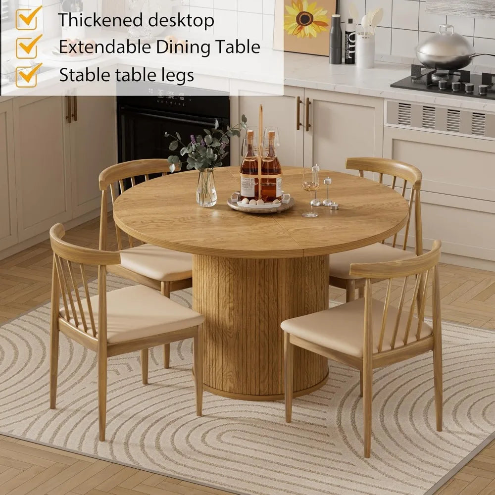 43.3''-59'' Extendable Round Dining Table for 4, Modern Farmhouse Expandable Dining Table with Wood Strip Base for Kitchen