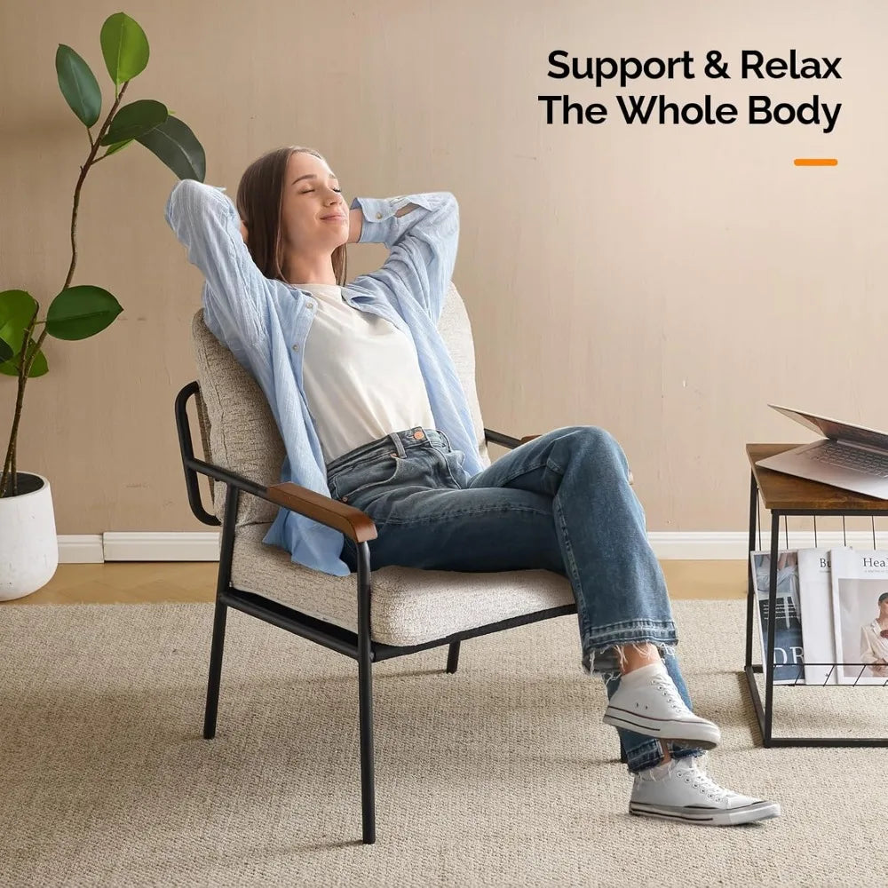Mid-Century Modern Upholstered Reading Chair for Small Spaces with Wood Arms and Comfort for Bedrooms