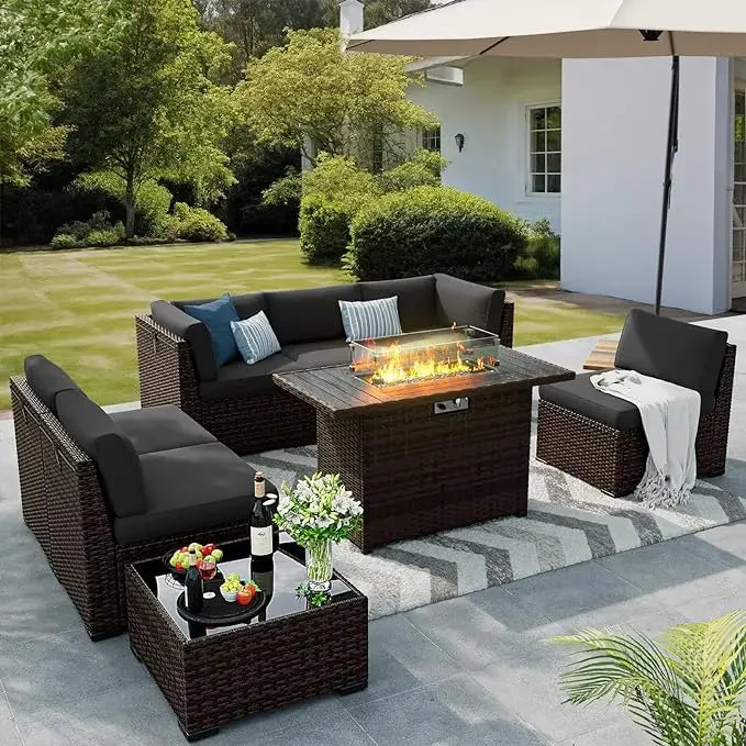 8 Pieces Outdoor Patio Furniture Set with 44" Fire Pit Table Rattan Sectional Conversation Sets w/Gas Fire Pit