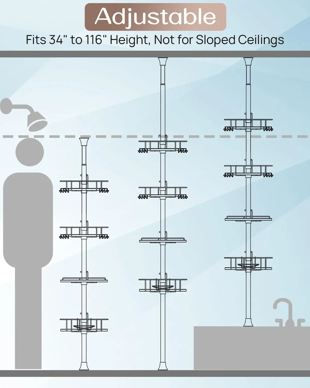 Corner Shower Caddy Tension Pole – Upgraded Rust-Free Stainless Steel Shower Organizer with Adjustable Storage Shelves