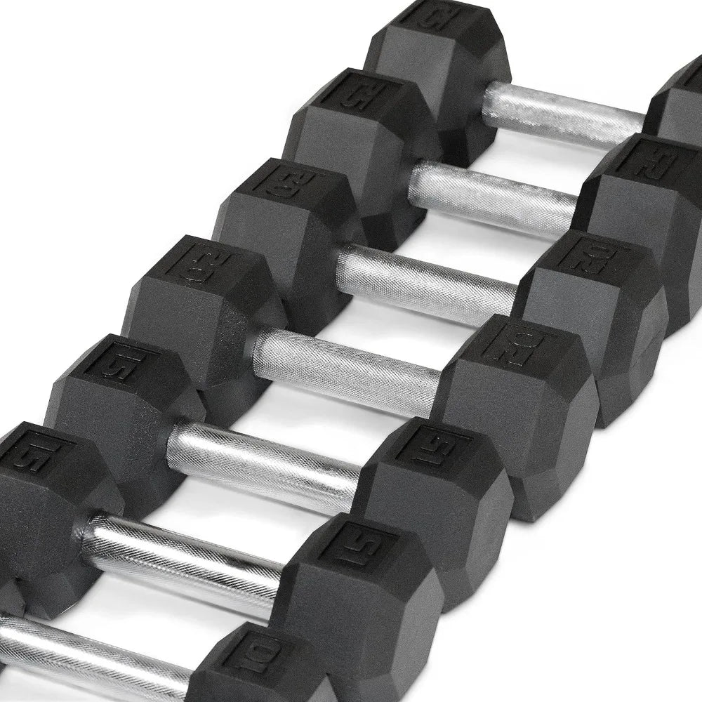 Rubber Coated Hex Dumbbells Set - 5 to 25 Lbs with Storage Rack for Muscle Toning and Strength Training