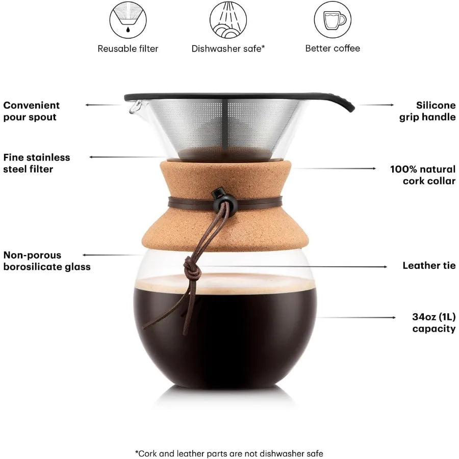 34 Oz Pour Over Coffee Maker Designed for Precision Brewing with HighHeat Borosilicate Glass Body Reusable Stainless Steel Filt