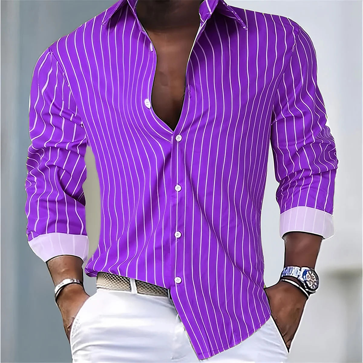 Men's Fashion Loose Striped Shirt 16 Colors Shirt Casual Breathable Lapel Button Long Sleeve Shirt Top Comfortable Soft Fabric