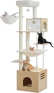 PAWZ Road Large Cat Tree with Food Station, 74.8 Inches Wooden Tall Cat Tower with Extra Large Condos and Hammocks,Spacious Perc