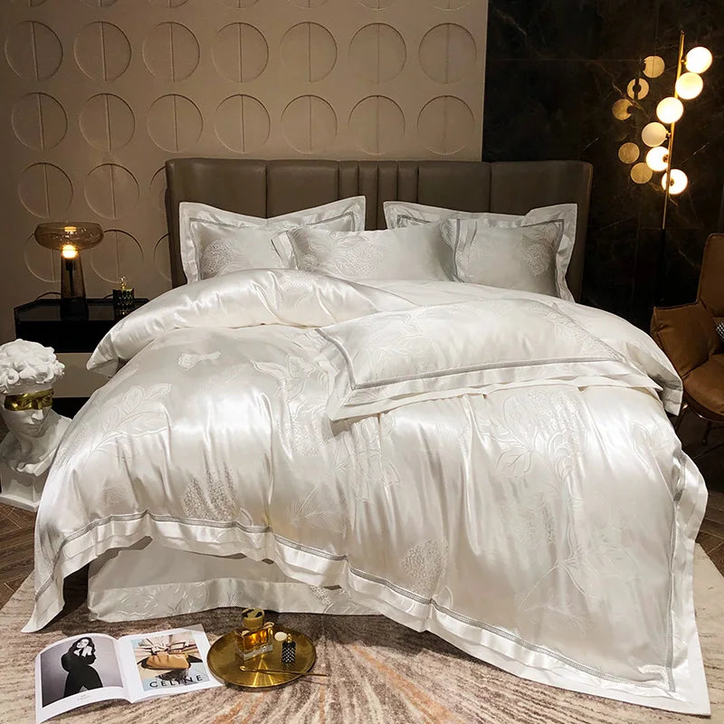 Soft Satin Jacquard Cotton Bedding Set, Luxury Duvet Cover, Blue, Gold, Gray, Queen, King Bed Sheet, Pillowcases, Home Textiles