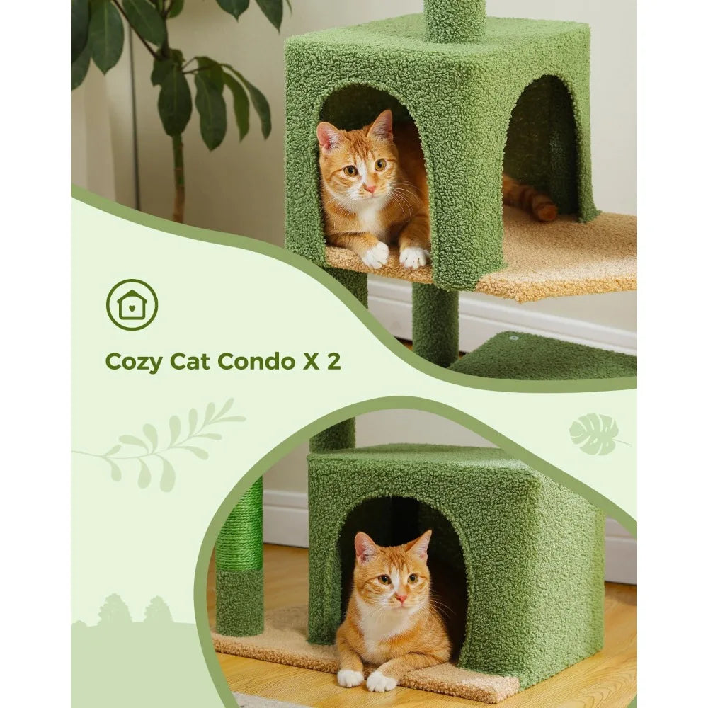 53-Inch Green Cat Tree with 2 Condos for Indoor Cats,Cat Tower with Scratching Posts for Small Cats,Cactus Cat Tree Tower with H